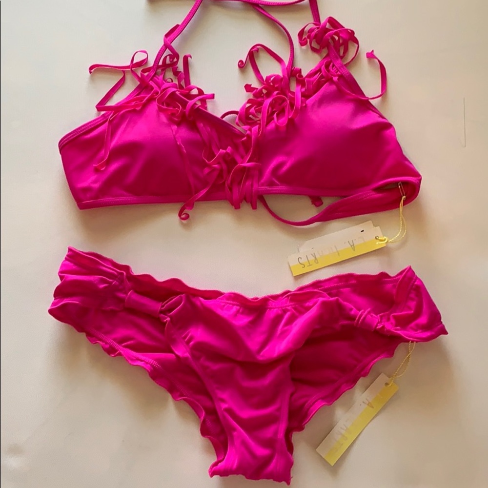 NWT LA Hearts Hot Pink Fringe/Cinch Bikini